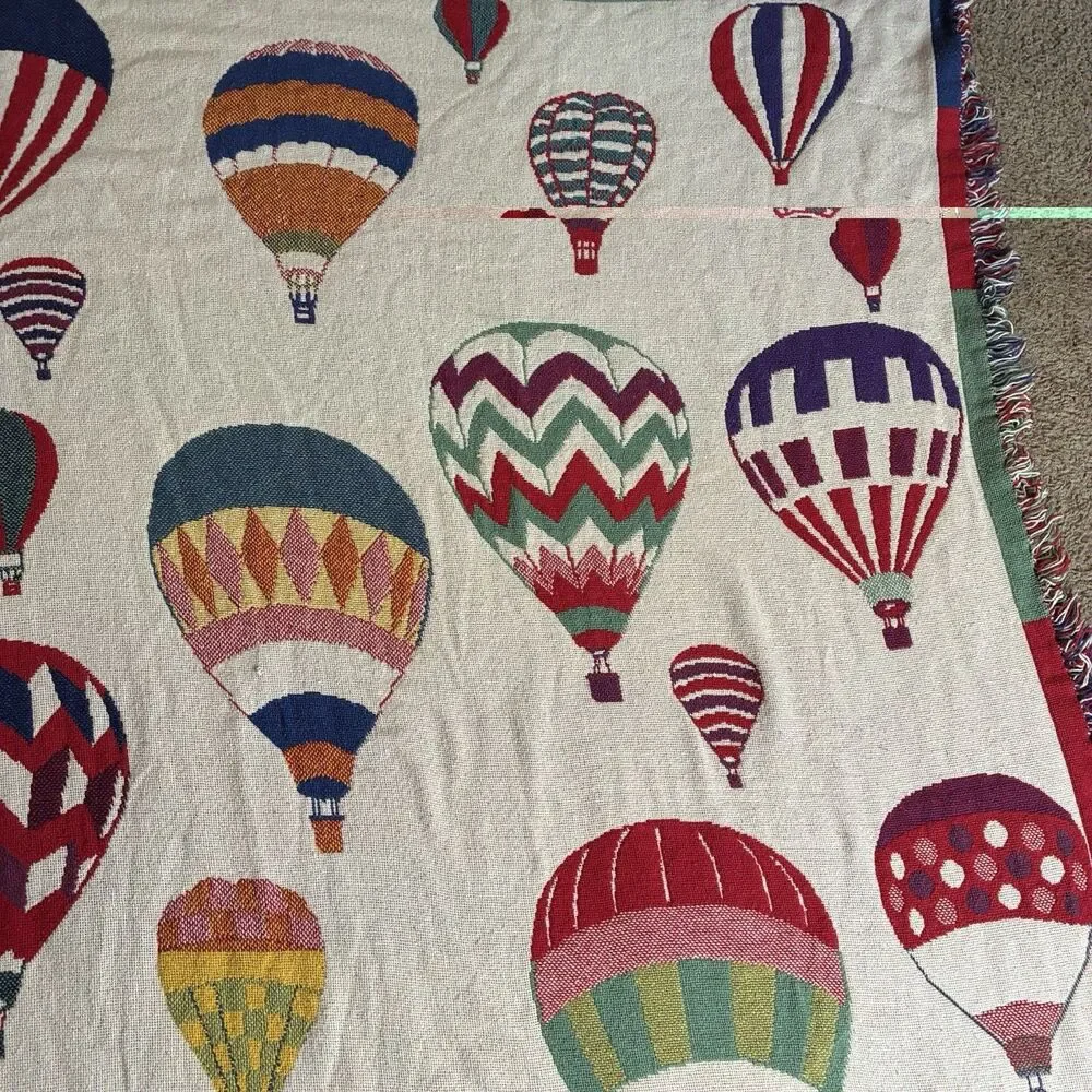 Hot Air Balloon Tapestry Cotton Blanket Throw w/Fringe 70”x46” Two Sided 1970s